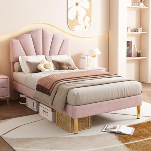 Tcewhhy Polsterbett Muschelartiges Bett Mit Goldenen Eisenbeinen Einzelbett Höhenverstellbares Kopfteil Holz Lattenrost Jugendbett Für Erwachsene Jugendliche Gästebett Rosa 90x200 cm von Tcewhhy