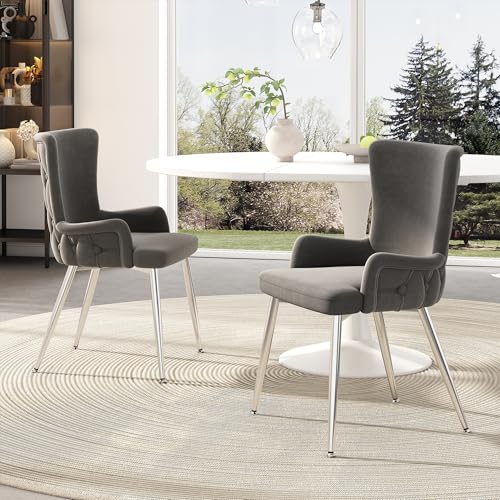 Tcewhhy Samt-Esszimmerstuhl, 2er-Set, luxuriöser Wohnzimmer-Schlafzimmer-Loungesessel mit Vier silberfarbenen Metallstützbeinen, Grau von Tcewhhy
