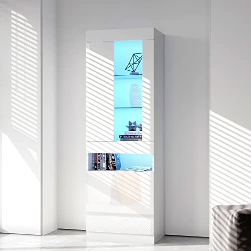 Vitrine mit 16 Farben LED Beleuchtung Vitrinenschrank Standvitrine Stauraumvitrine Schrank Wohnzimmerschran Weiß LED Vitrine Wohnzimmer Wohnwände LED Vitrinenschränke LED Schränke Buffet-Schran von Tcewhhy