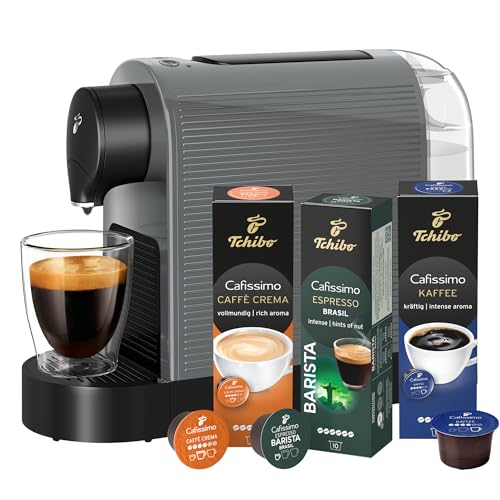 Tchibo Cafissimo „Pure plus“ Kaffeemaschine Kapselmaschine inkl. 30 Kapseln für Caffè Crema, Espresso und Kaffee | 0,8l | 1250 Watt | 11,9 x 33,7 x 24 cm | Grey von Tchibo