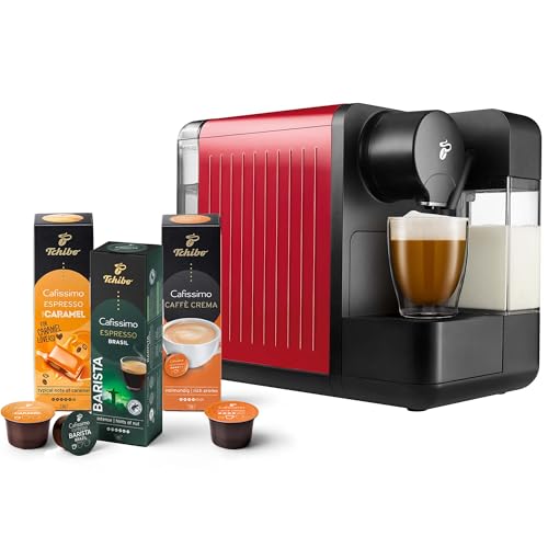 Tchibo Cafissimo „milk“ Kaffeemaschine Kapselmaschine inkl. 30 Kapseln für Caffè Crema, Espresso, Kaffee und Milchspezialitäten, Kapselmaschine mit Milchaufschäumer, Rot von Tchibo