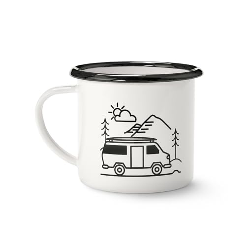 Tchibo Emaille Tasse, Camping Becher, Kaffeetasse mit Henkel, leicht und robust, 380ml, Weiß mit Motiv von Tchibo