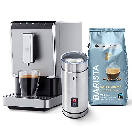 Tchibo Kaffeevollautomat Esperto Caffè, inkl. Elektrischer Milchaufschäumer und 1kg Barista Caffè Crema für Caffè Crema, Espresso und Milchspezialitäten, Silber von Tchibo