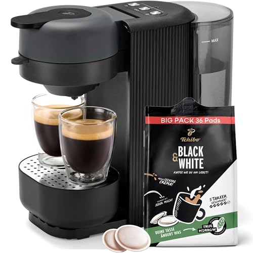 Tchibo Kaffeepadmaschine „CALL ME PAD“ inkl. 36 Black & White Pads, mit To-Go Becher Taste, für 2 Tassen, schnell und leise, automatische Abschaltfunktion, Graphite von Tchibo