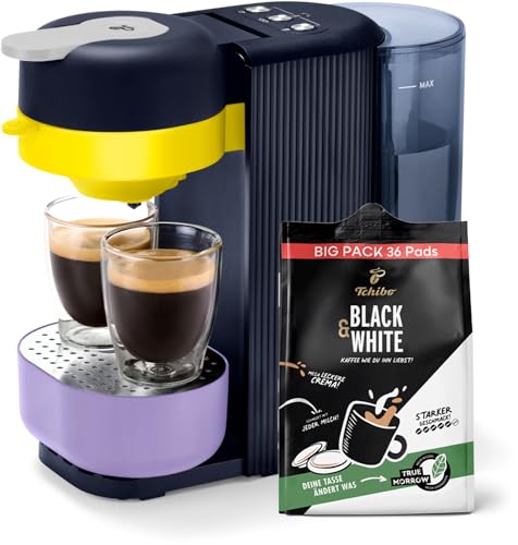 Tchibo Kaffeepadmaschine „CALL ME PAD“ inkl. 36 Black & White Pads, mit To-Go Becher Taste, für 2 Tassen, schnell und leise, automatische Abschaltfunktion, Hybrid Blue von Tchibo