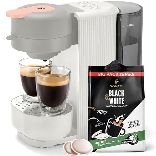 Tchibo Kaffeepadmaschine CALL ME PAD inkl. 36 Kaffeepads Black & White, mit Taste für To-Go Becher, für 2 Tassen, schnell und leise, automatische Abschaltfunktion, Weiß von Tchibo