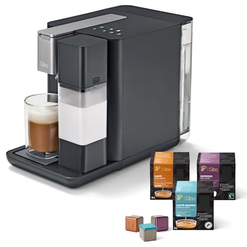 Tchibo Qbo MILK MASTER Premium Kapselmaschine inkl. 24 recyclebare Qbo Kapseln für Cappuccino, Espresso, Caffè Crema, Milchschaum auf Knopfdruck mit abnehmbarem Milchtank 300ml, Gently Grey von Tchibo