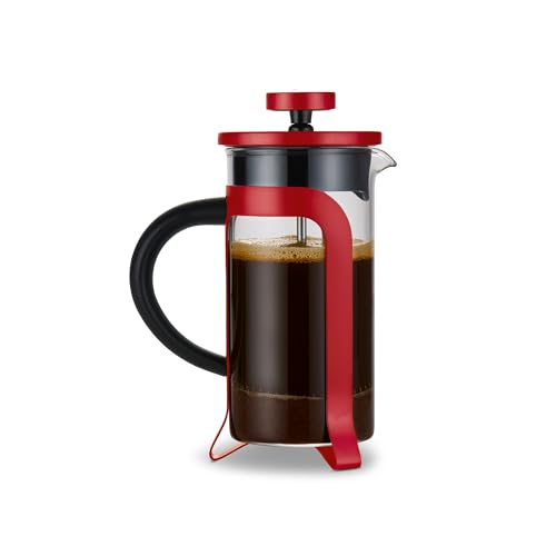 Tchibo Siebstempelkanne für manuelle Kaffeezubereitung, French Press mit hitzebeständigem Borosilikatglas, spülmaschinengeeignet, 300ml Fassungsvermögen für ca. 2 Tassen, Edelstahl, Rot von Tchibo