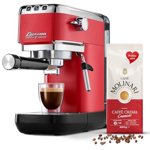 Tchibo Siebträger Espressomaschine „Lapressa“ (15 bar, 980ml Wassertank), Pre-Infusion Technologie, 2-Tassen-Funktion und Milchschaumdüse (Rot) INKLUSIVE Caffè Molinari Kaffeeprobierpack GRATIS von Tchibo