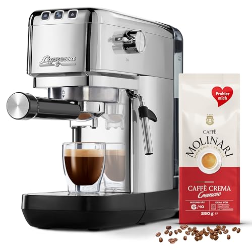 Tchibo Siebträger Espressomaschine „Lapressa“ (15 bar, 980ml Wassertank), Pre-Infusion Technologie, 2-Tassen-Funktion und Milchschaumdüse (Silber) INKLUSIVE Caffè Molinari Kaffeeprobierpack GRATIS von Tchibo