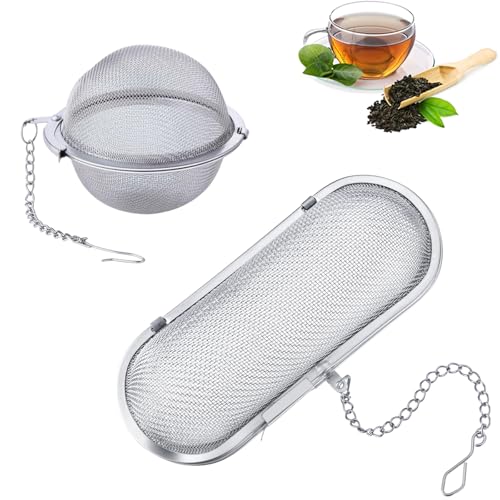 2 Stück Gewürzei Teesieb, Langlebig für Losen Tee Mit Einer Schließe Gewürzsieb und Tea Infuser Teaballs Elliptisch und Kugelförmig Groß zum Mitkochen von Tcnzdy