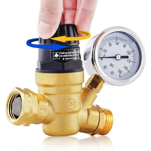 Tdkfdswdoa RV-Wasserdruckreglerventil, verstellbarer Wasserdruckminderer mit Manometer und Einlasssiebfilter für Wohnmobile von Tdkfdswdoa