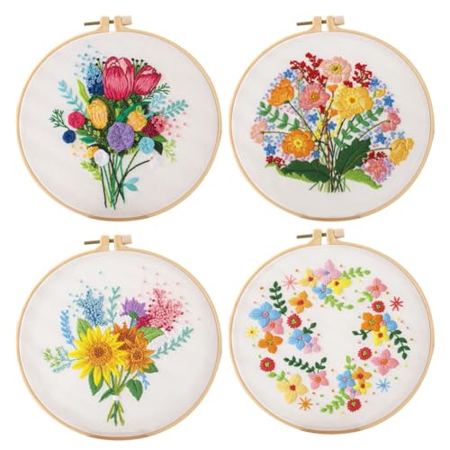 Tdkjfoutr 4 Sätze DIY Stickerei-Set für Anfänger Erwachsene, Handstickerei-Set Enthält, Rahmen, Farbfäden, Werkzeuge von Tdkjfoutr