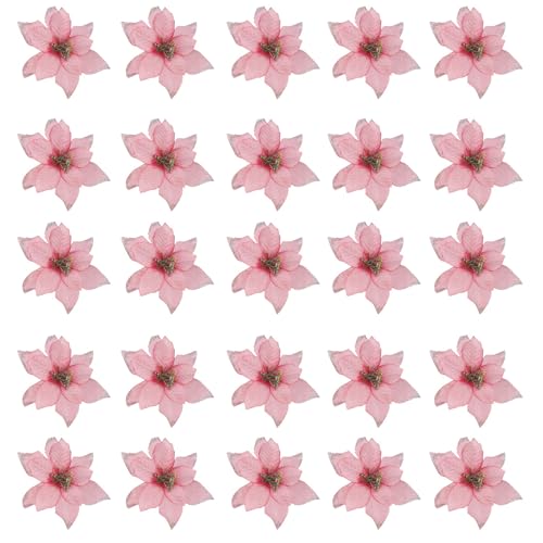 Tdkjfoutr 50 Packungen Glitter Weihnachts Stern Weihnachts Ornamente 5 Kunst Seiden Blumen Picks Kranz Girlande (Rosa) von Tdkjfoutr