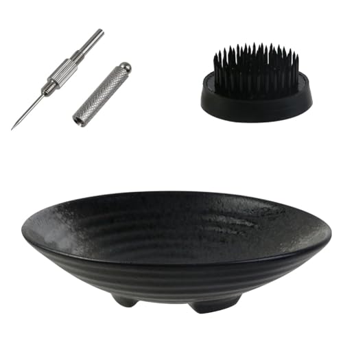 Tdkjfoutr Ikebana-Set, Ikebana-Schale Aus Keramik und Blumen-Kenzan Aus Metall, mit Nadelglättungswerkzeug in Schwarz von Tdkjfoutr