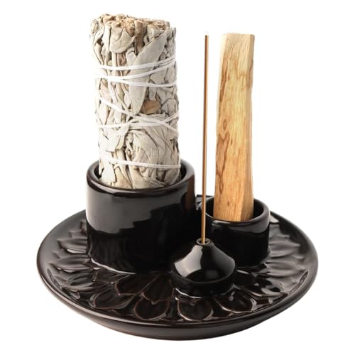 Tdkjfoutr Kerzenhalter - 4-in-1 Räucherstäbchen- und Kerzenhalter - Räucherstäbchenhalter Aus Keramik, Aschenauffangschale für Meditationsraum, Schwarzbraun von Tdkjfoutr