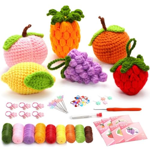 Tdkjfoutr Komplette Häkelsets für Anfänger, DIY 6-Teiliges Obst-Häkelset mit Strickmarkern, Einfaches Garnknäuel, Anleitung, Langlebig von Tdkjfoutr