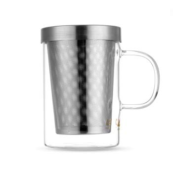 TEA & TEA 350ml Teetasse mit Henkel Transparent, Edelstahlfilter + Deckel/Teeglas mit Filter / 350ml Borosilikatglas Tasse mit Filter von Feelino von TEA & TEA