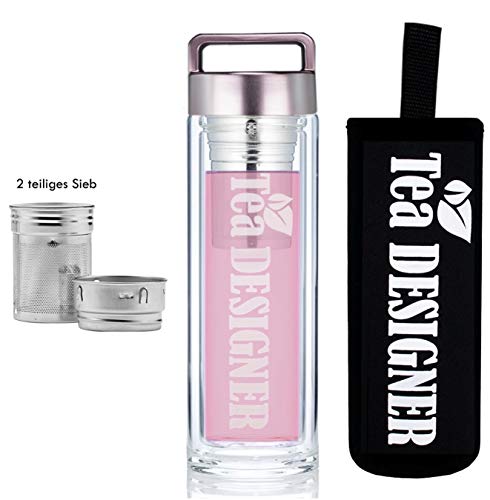 TEA TO GO Rose Teekanne BPA frei Edelstahl-Sieb Tee-Flasche Trinkflasche aus Glas to go, Teebereiter Set+Metallic Deckel +Schutzhülle,Thermobecher, Thermosflasche,Glasflasche,doppelwandig von TeaDesigner