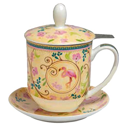 TeaLogic Kräuterteetasse Set Emma - mit Sieb Deckel und Untertasse I Tea Logic Becher Tasse mit Flamingo Motiv - Fine Bone China - 4 TLG. (0,35ml) von TeaLogic - White Cherry