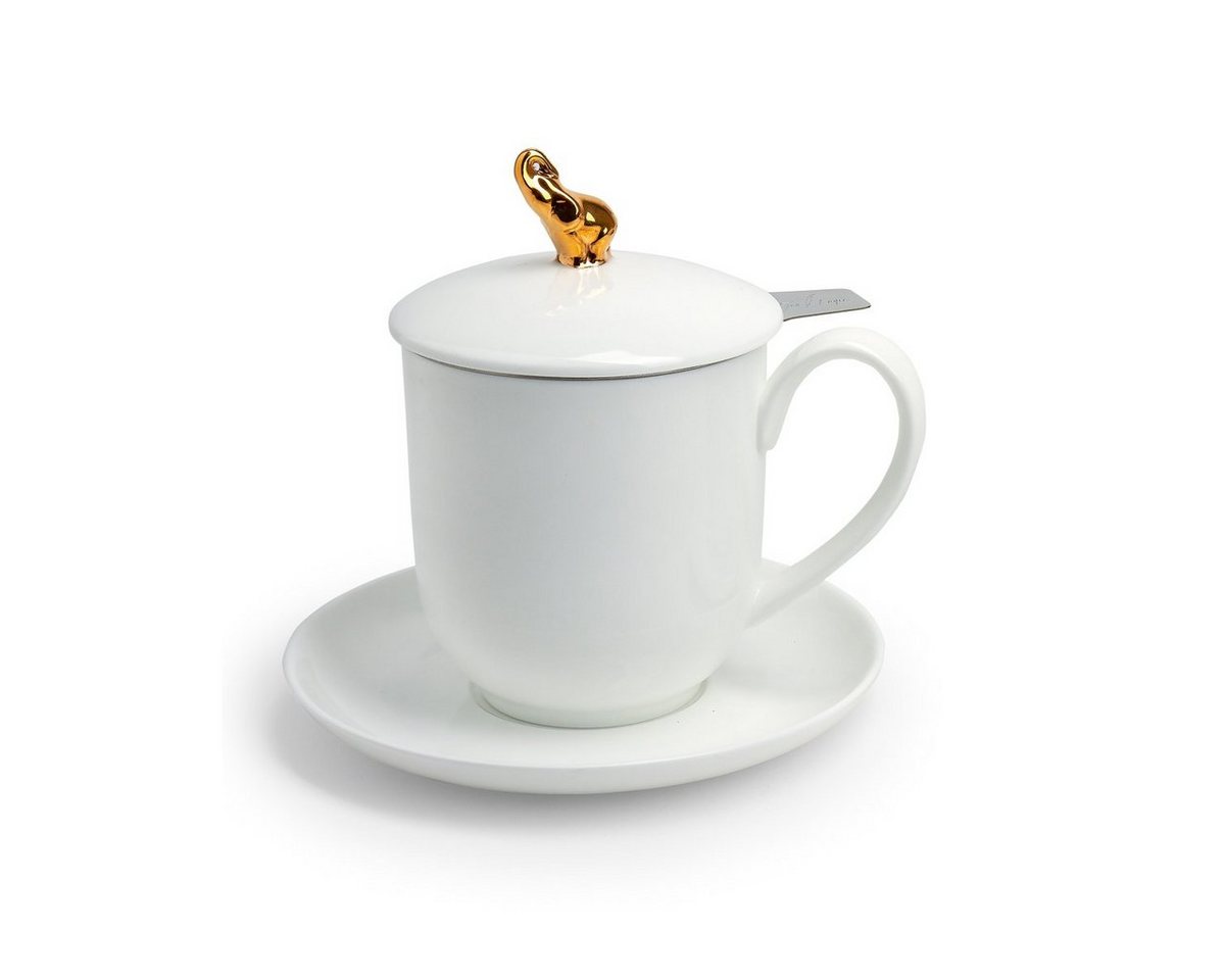 TeaLogic Tasse Indira goldener Elefant Teetasse mit Untertasse, Sieb und Deckel von TeaLogic