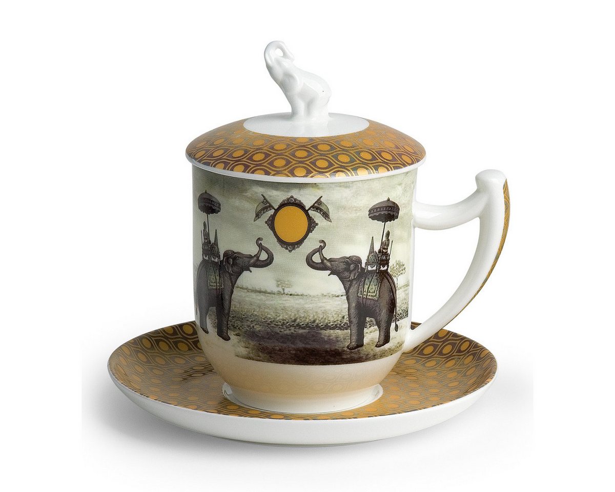 TeaLogic Tasse Sepia Elephant Untertasse Sieb Deckel 0,35 L Fine Bone China Porzellan, 4-tlg. von TeaLogic