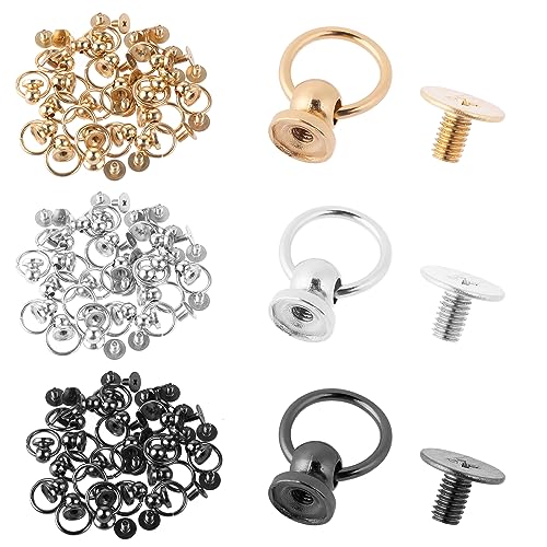 60Satz Head O Ring Schraubnieten, 8MM Kopf Button Stud Nieten mit Schraubverschluss Leder Nieten Set Zurück Runden Ring Kopf Leathercraft Teile DIY Einziehmuttern Set Accessary(Gold Silber Schwarz) von Teaaha