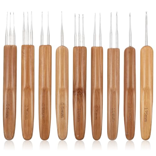 9 Stück Dreadlocks Häkelnadel Holz 0.5/0.75/1 mm Häkelnadeln Werkzeug Bambus Nadel Weben Häkeln Set Dreadlock-Haken mit Bambusgriffen für Haarhäkelnadel DIY Craft Dreadlocks Zöpfe von Teaaha