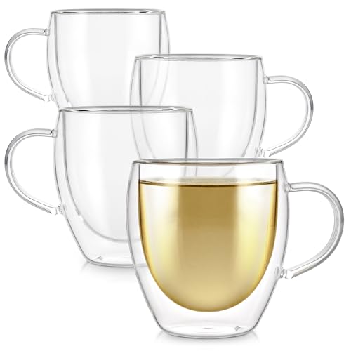 TEABLOOM Doppelwandige Tassen - 8oz / 250ml - Set mit 4 isolierten Glasbechern für Tee, Kaffee, Espresso und mehr - Clarity Gläser von Teabloom