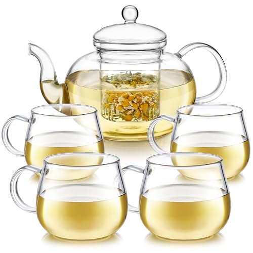 Teabloom Hitzebeständiges Glas-Teekannen-Set mit herausnehmbarem Tee-Ei (Standardgröße: 946 ml) und vier Teetassen aus Borosilikatglas (207 ml) – bleifreies Blüten Glas-Teeservice von Teabloom