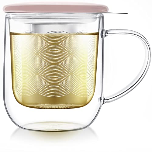 Teabloom Tea-For-One Steeping Mug - Isolierter doppelwandiger Glasbecher (340 ml), Edelstahl-Teesieb, Porzellandeckel/Untersetzer - ideal zum Aufbrühen von losem Tee von Teabloom