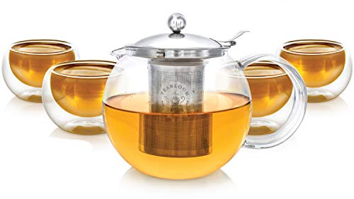 Teabloom Tee Set – Hitzebeständig + Bleifreier Teekannen-Wasserkocher aus Glas (1200 ml) mit herausnehmbarem Edelstahlfilter für losen Tee – Enthält 4 doppelwandige Isolierglasbecher (150 ml) von Teabloom