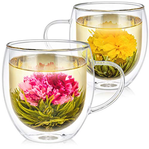 Teabloom Twin Harmony Doppelwandige Glasbecher & Blühende Teeblumen (Set mit 2 Tassen + 2 Teekugeln) - 550 ml Becher - Borosilikatglas - 2 Gourmet Grüntee Blumen enthalten von Teabloom