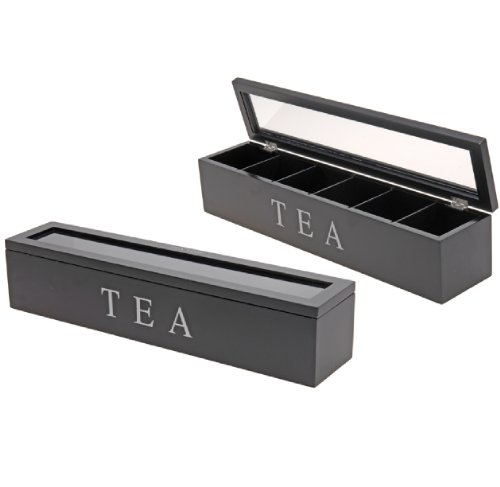 Teebox aus Holz | Teekasten in den Farben Weiß und Schwarz | Teekiste mit 6 Fächern oder als große Teebeutelbox mit 9 Fächern , Auswahl:Schwarz mit 6 Fächern von Teabox