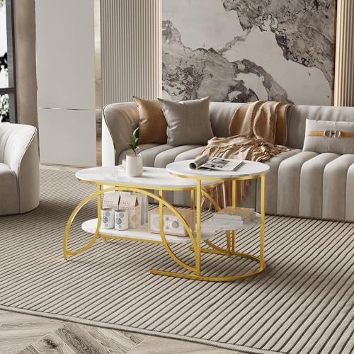 Teahutty 2-Teiliges Couchtisch-Set, couchtische, Ausstellungstisch, Beistelltisch, Marmor Tisch, Sofabeistelltisch, Wohnzimmertisch Klein, für Wohnzimmer (Weiß + Gold, 80 cm x 46 cm x 45 cm) von Teahutty