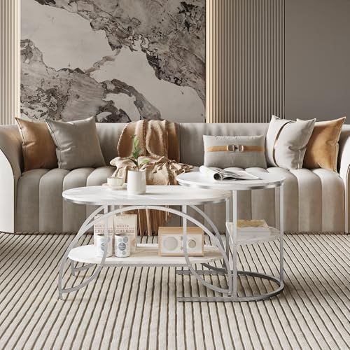Teahutty 2-Teiliges Couchtisch-Set, couchtische, Ausstellungstisch, Beistelltisch, Marmor Tisch, Sofabeistelltisch, Wohnzimmertisch Klein, für Wohnzimmer (Weiß + Silber, 80 cm x 46 cm x 45 cm) von Teahutty