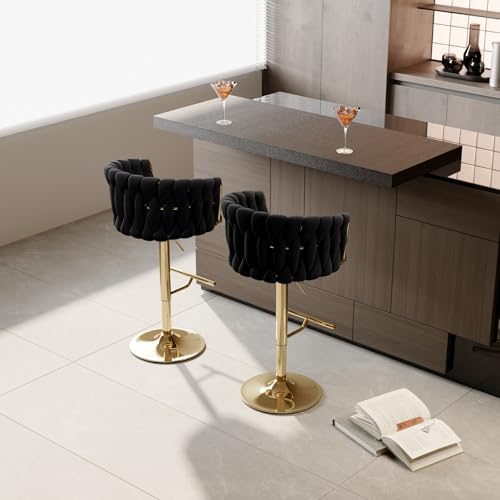 Teahutty 2er Set Barhocker Stuhl, Frühstücksbarstühle mit Rückenlehne und Armlehne, 360° drehbar, höhenverstellbar von 54 bis 76 cm für Bar Küche, Schwarzer Samt von Teahutty