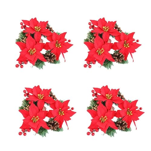 Teahutty 4 x Weihnachtskerzenringe, 9,9 cm, künstliche Weihnachtsstern-Blume mit Tannenzapfen, Weihnachtskranz, Kerzenhalter, Weihnachtskranz, Tischplatte, Weihnachtsstern, Tafelaufsatz für Zuhause von Teahutty