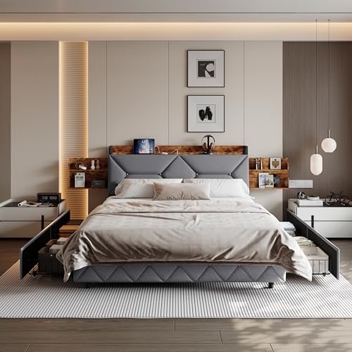 Teahutty Bett 140x200 cm mit Bettkasten, Bett mit USB-C und Schubladen, Polsterbett Bettgestell kopfteil mit Stauraum, Jugendbett mit Lattenrost (Grau, 140 x 200 cm) von Teahutty