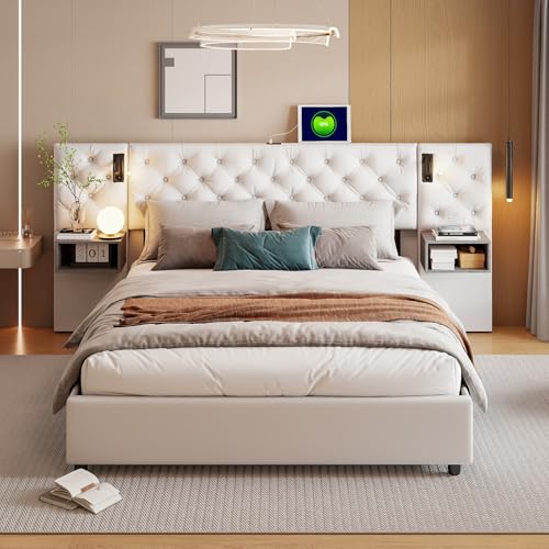 Teahutty Bett 140x200 mit Kopfteil Leselicht und USB, Stauraumbett mit 2 Nachttischen Bettanlage, Jugendbett mit Lattenrost, Samt (Beige+Leselampe, 160x200 cm) von Teahutty