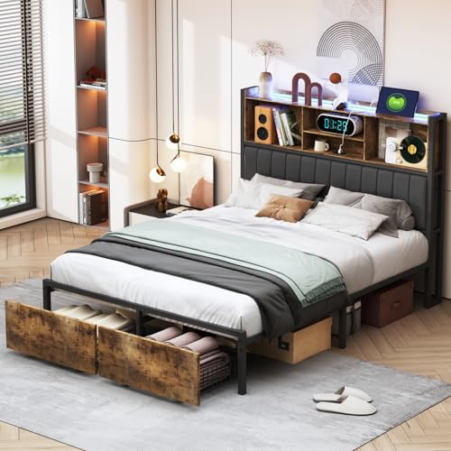 Teahutty Bett 180x200 mit Lattenrost aus Metall, Metall-Plattform-Bettgestell mit Ladestation(2 USB-Anschlüsse), Kopfteil und Stauraum, LED Beleuchtung, Industrielles Bett, ohne Matratze (180x200 cm) von Teahutty