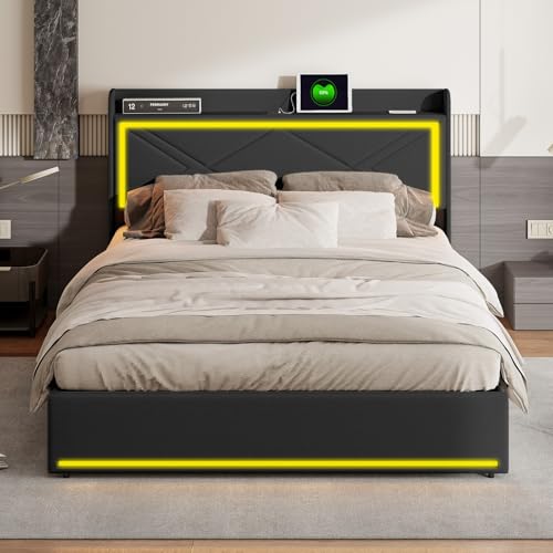 Teahutty Bettgestell 160x200 cm, Stauraumbett mit Kopfteilregalen und Led, PU-Lederrahmen mit Ladestation für Schlafzimmer, ohne Matratze (Schwarz, 165 x 210 x 110 cm) von Teahutty