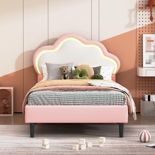 Teahutty Bettgestell 90x200cm, Prinzessinnenbett in Wolkenform mit LED und verstellbarem Kopfteil, Stauraumbett mit Schubladen für Jugendliche, PU-Leder, ohne Matratze (Rosa-a2, 90x200 cm) von Teahutty