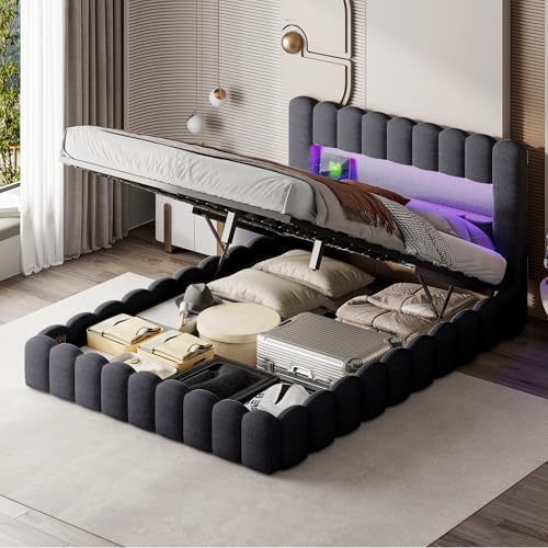 Teahutty Bettgestell mit Stauraum, Stauraumbett mit USB-Ladefunktion, LED-Bett für Erwachsene und Jugendliche, ohne Matratze (Grau, 153 x 220 x 96 cm) von Teahutty
