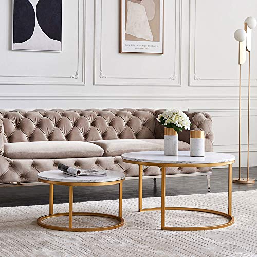 Teahutty Couchtisch 2er Set, Runder Wohnzimmertische in Marmor Optik, Moderner Couchtisch mit Metallgestell, sofatisch fürs Wohnzimmer 80x80x45 & 60x60x33 cm (Weiß + Gold) von Teahutty