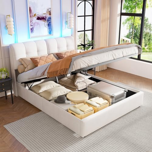 Teahutty Gepolstertes Doppelbett mit Stauraum, Samt Ottomane Bettgestell mit Gasdruckfeder, Schlafzimmerbett mit LED und Lattenrost für Erwachsene und Jugendliche, Beige, Keine Matratze (167 x 220 x von Teahutty