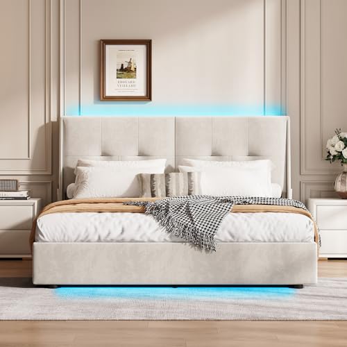 Teahutty Hydraulischem Stauraum Polsterbett 140x200cm, Doppelbett mit LED-Beleuchtung, Bettgestell mit Kopfteil und Lattenrost, Jugendbett, Stauraumbett (Beige, 140 x 200 cm) von Teahutty