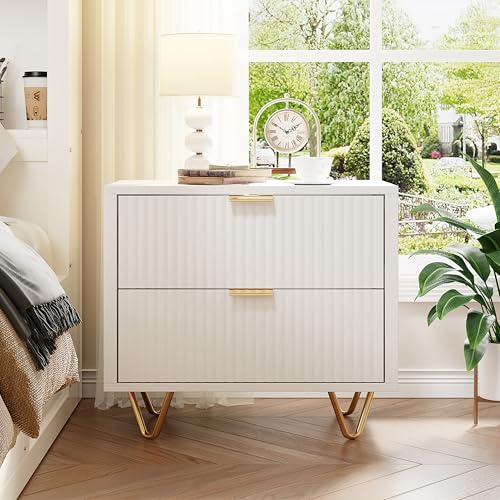 Teahutty Nachttisch 2er Set, Nachtschrank mit Schubladen, Moderner Beistelltisch mit Metallgriffen, Nachtkommode mit Metallfüße, Sofatisch mit Beine, Schubladenschrank (Weiß, ‎49 x 29 x 47 cm) von Teahutty