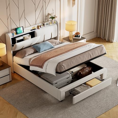 Teahutty Bett 160x200 cm mit Bettkasten, Hydraulisches Bett mit LED, USB-C und Schubladen, Polsterbett Bettgestell kopfteil mit Stauraum, Jugendbett mit Lattenrost, Beige + Samt (Beige, 160 x 200 cm) von Teahutty