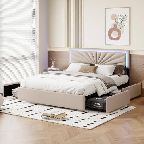 Teahutty Polsterbett, 160 x 200 cm, mit verstellbarem Kopfteil, mit LED-Beleuchtung, 4 Schubladen und Lattenrost, Material Leinen, perfekt für Erwachsene und Jugendliche, ohne Matratze (Beige, 160 x von Teahutty